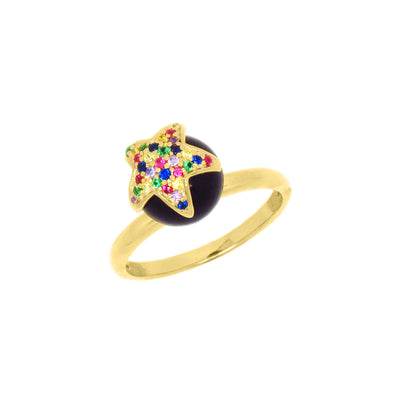Star and black pearl ring with multicoloured zirconia stones, in gold vermeil