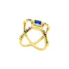 Pyramid shaped cross bones ring with an array of colourful zirconia stones in gold vermeil