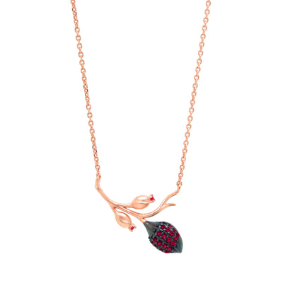 Branch shaped pendant necklace with a cocoa pod and flower buds, with pink zirconia stones in rose gold vermeil
