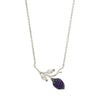 Branch shaped pendant necklace with a cocoa pod and flower buds, with purple zirconia stones in sterling silver
