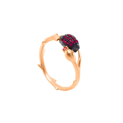 Branch shaped ring with a cocoa pod and flower bud, with pink zirconia stones in rose gold vermeil