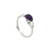 Branch shaped ring with a cocoa pod and flower bud, with purple zirconia stones in sterling silver
