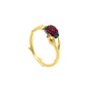 Branch shaped ring with a cocoa pod and flower bud, with red zirconia stones in gold vermeil