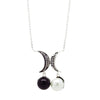 Crescent moon pendant necklace with monochrome zirconia stones and a black and white pearl charm, in sterling silver with ruthenium plating
