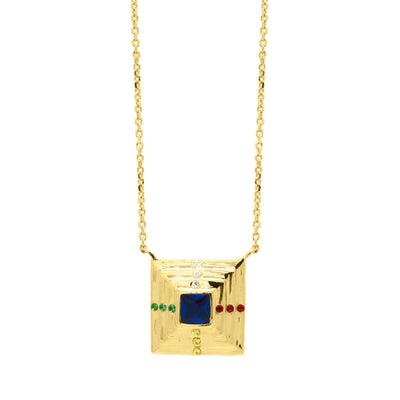 Pyramid shaped pendant with an array of colourful zirconia stones in gold vermeil