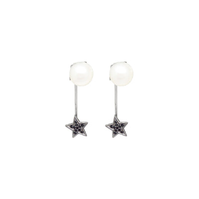 White pearl and star earrings with black zirconia stones in sterling silver